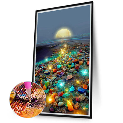 Glowing Colored Stones On The Seaside Under The Moon 40*70CM(Canvas) Full Square Drill Diamond Painting