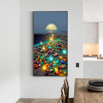 Glowing Colored Stones On The Seaside Under The Moon 40*70CM(Canvas) Full Square Drill Diamond Painting