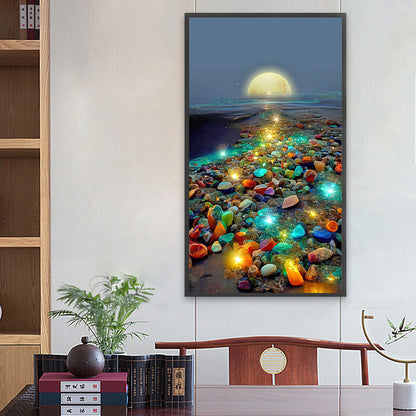 Glowing Colored Stones On The Seaside Under The Moon 40*70CM(Canvas) Full Square Drill Diamond Painting