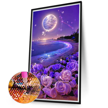 Purple Rose Beach Under The Dreamy Moon 40*70CM(Canvas) Full Square Drill Diamond Painting