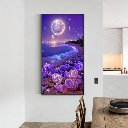 Purple Rose Beach Under The Dreamy Moon 40*70CM(Canvas) Full Square Drill Diamond Painting