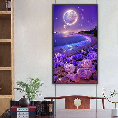 Purple Rose Beach Under The Dreamy Moon 40*70CM(Canvas) Full Square Drill Diamond Painting