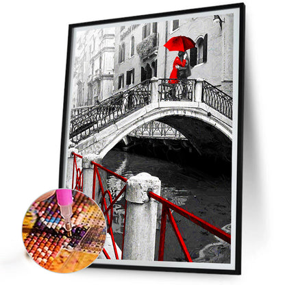 Couple On A Red Bridge - Full Round Drill Diamond Painting 30*40CM