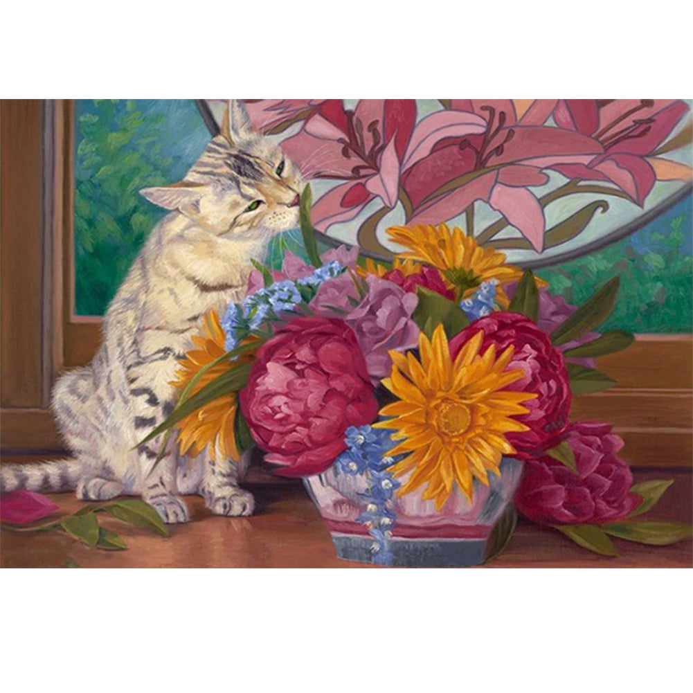 Playing With Flower Kittens 40*30CM(Canvas) Full Round Drill Diamond Painting
