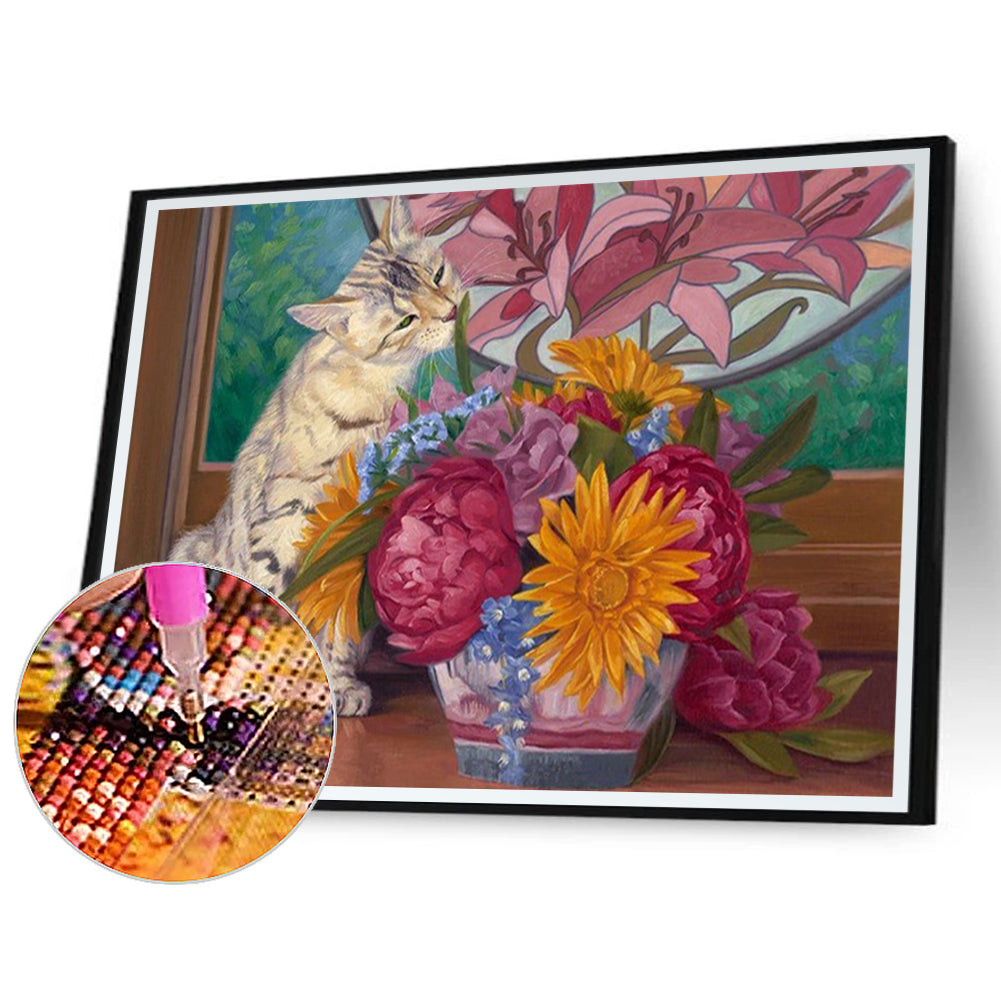 Playing With Flower Kittens - Full Round Drill Diamond Painting 40*30CM