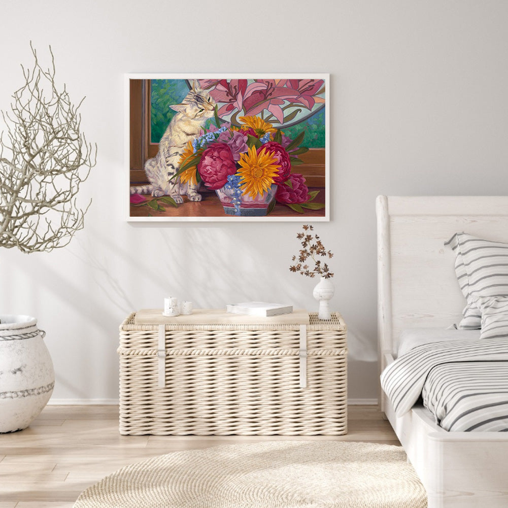 Playing With Flower Kittens - Full Round Drill Diamond Painting 40*30CM
