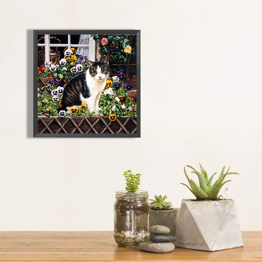 Cow Cat On Flower Stand - Full Round Drill Diamond Painting 40*40CM