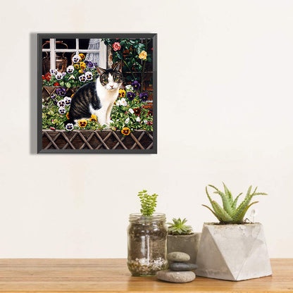 Cow Cat On Flower Stand - Full Round Drill Diamond Painting 40*40CM