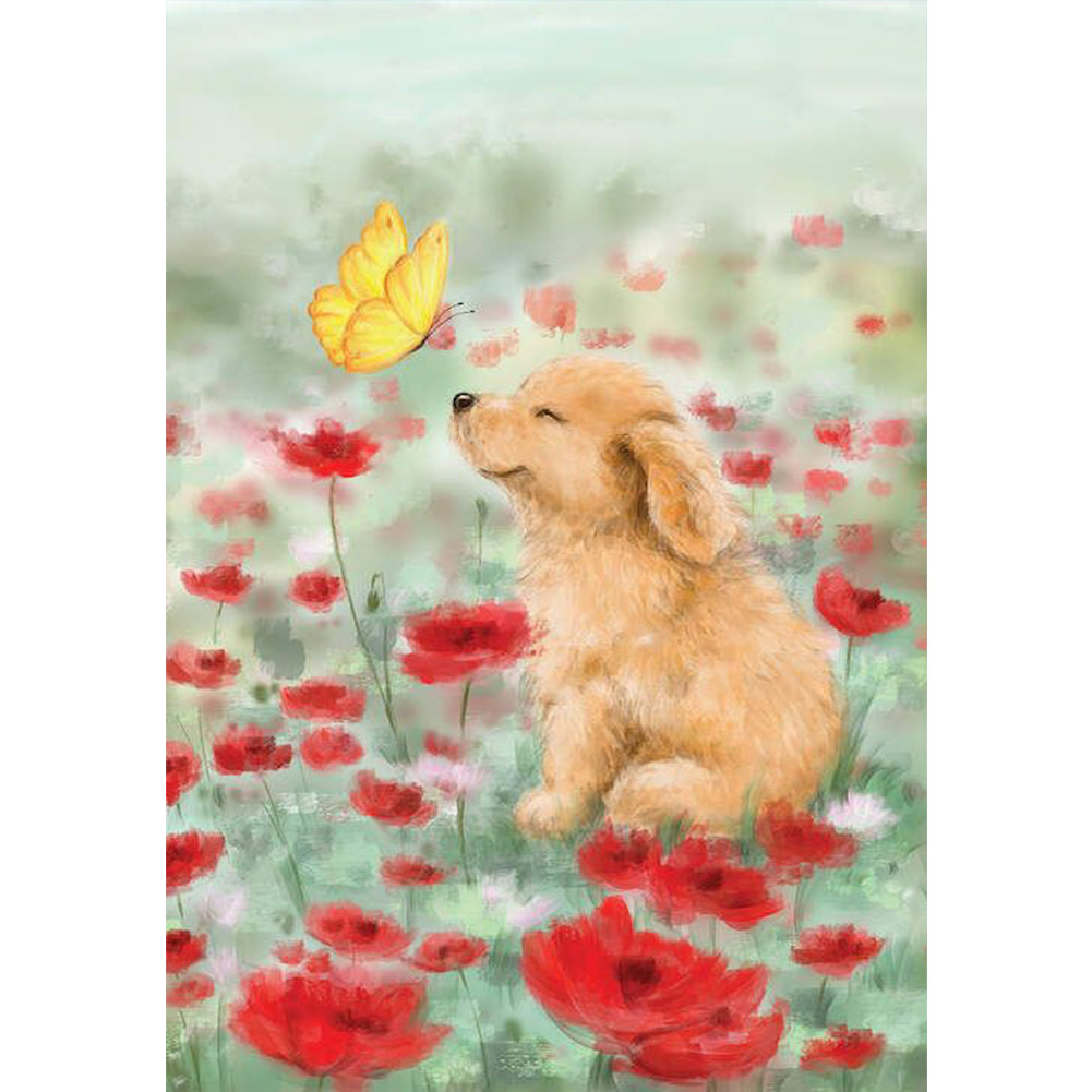 Puppy In The Flowers - Full Round Drill Diamond Painting 30*40CM