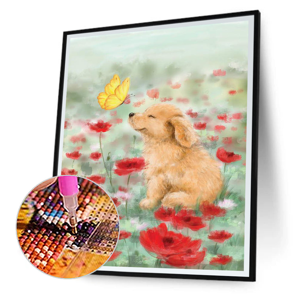 Puppy In The Flowers - Full Round Drill Diamond Painting 30*40CM