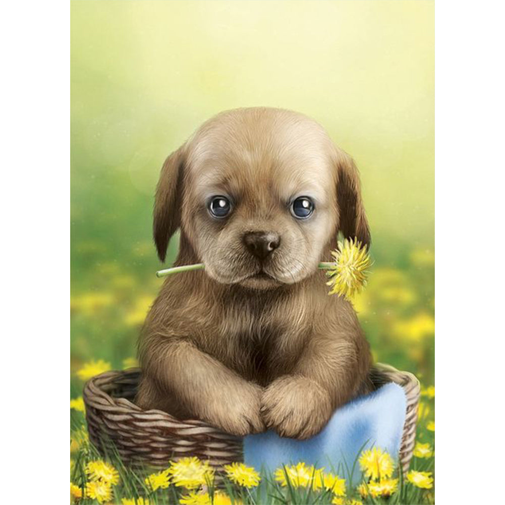 Puppy In The Flowers - Full Round Drill Diamond Painting 30*40CM