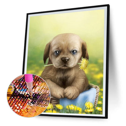 Puppy In The Flowers - Full Round Drill Diamond Painting 30*40CM
