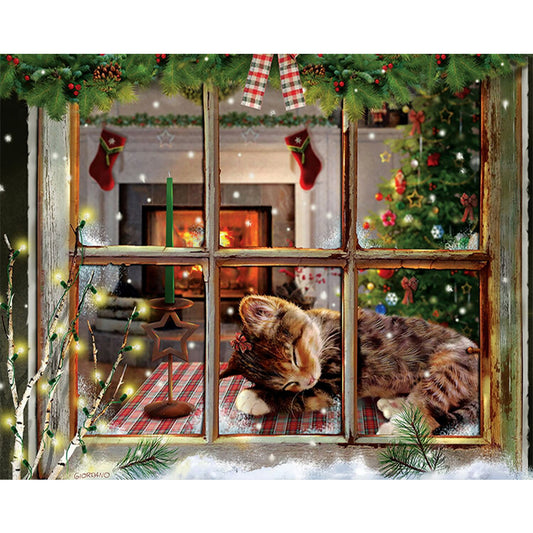 Cat Sleeping By The Window At Christmas Night - Full Round Drill Diamond Painting 50*40CM