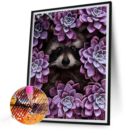 Raccoon Hiding In Succulent - Full Round Drill Diamond Painting 30*40CM