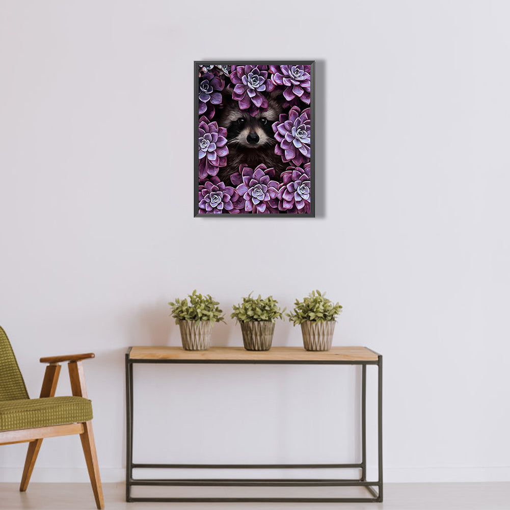 Raccoon Hiding In Succulent - Full Round Drill Diamond Painting 30*40CM