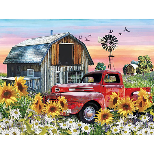 Sunflower Red Vintage Car - Full Round Drill Diamond Painting 40*30CM