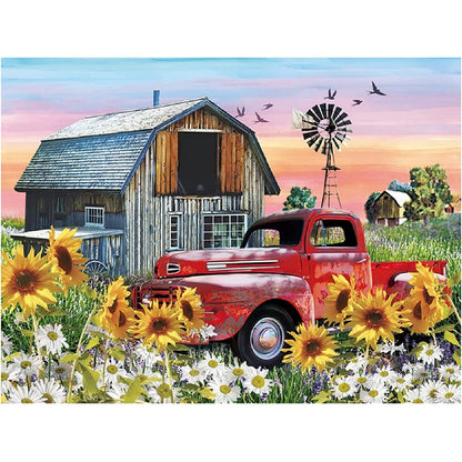 Sunflower Red Vintage Car - Full Round Drill Diamond Painting 40*30CM