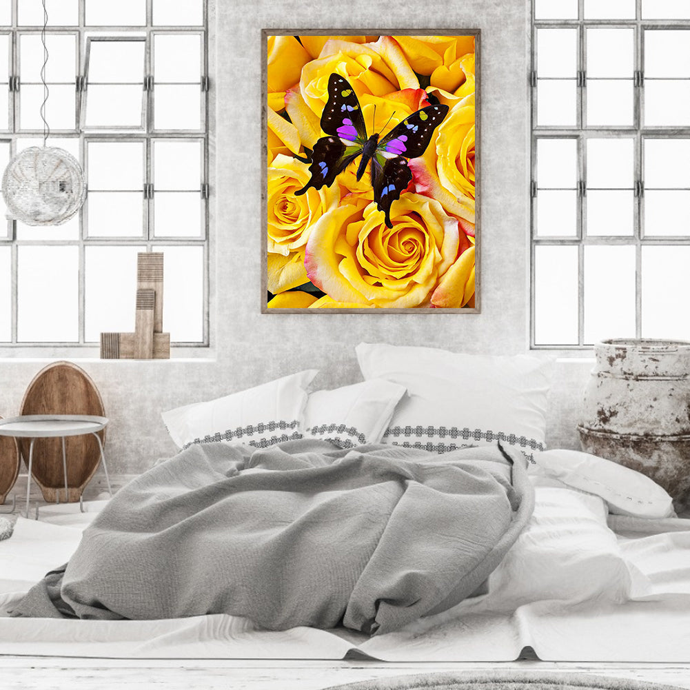 Yellow Rose Butterfly - Full Round Drill Diamond Painting 30*40CM