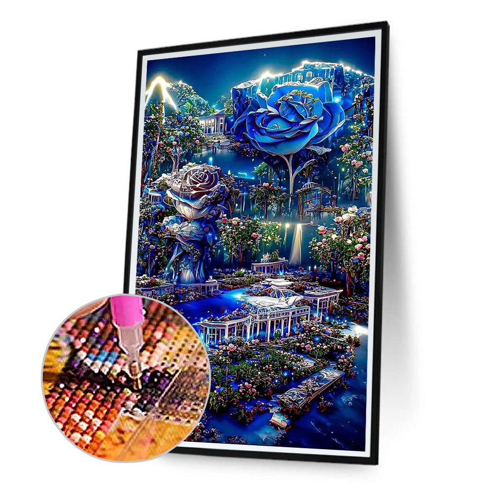 Fantasy Blue Rose Castle - Full Round Drill Diamond Painting 40*60CM