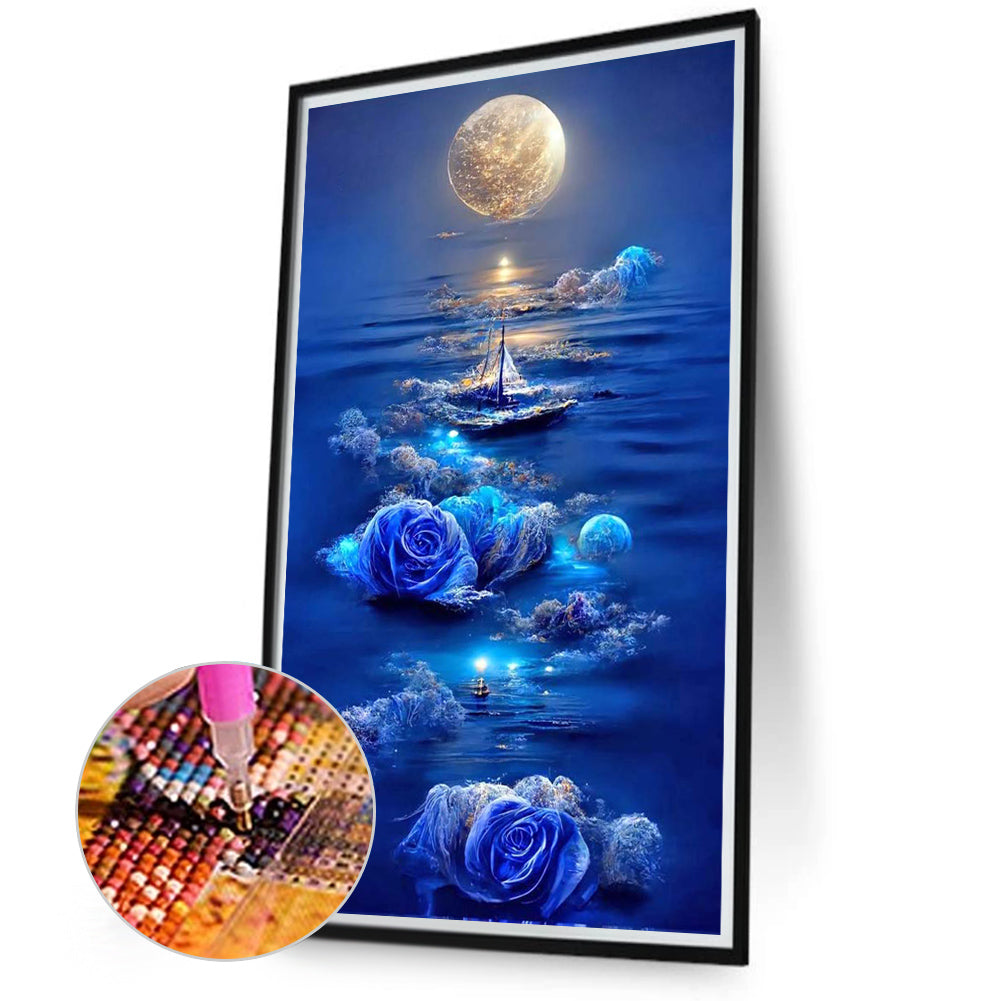 Blue Rose Sailing Boat Under The Moon - Full Round Drill Diamond Painting 40*70CM