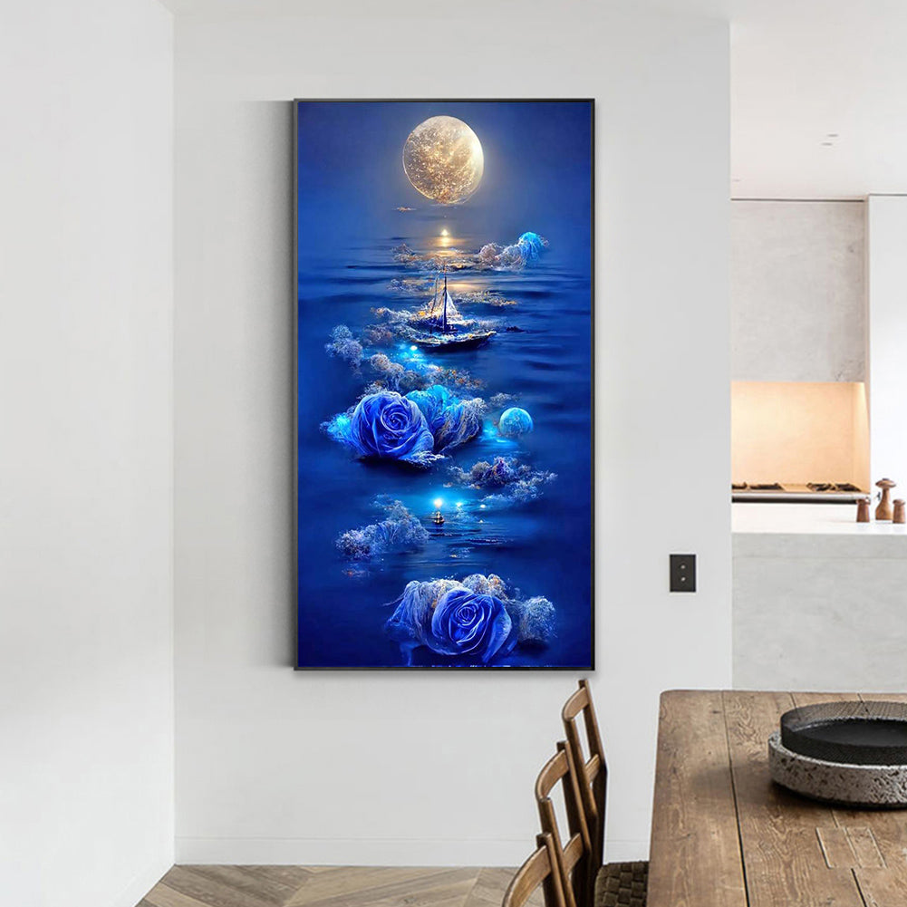 Blue Rose Sailing Boat Under The Moon - Full Round Drill Diamond Painting 40*70CM