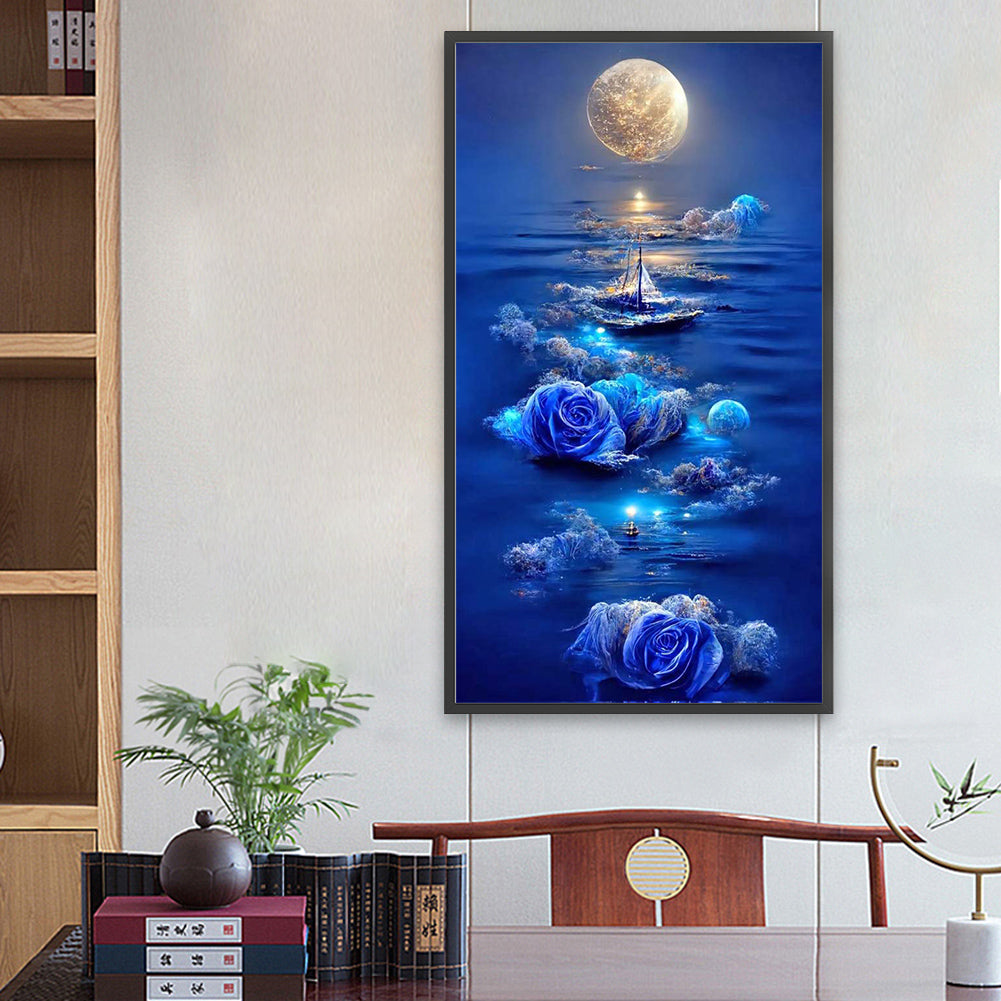 Blue Rose Sailing Boat Under The Moon - Full Round Drill Diamond Painting 40*70CM