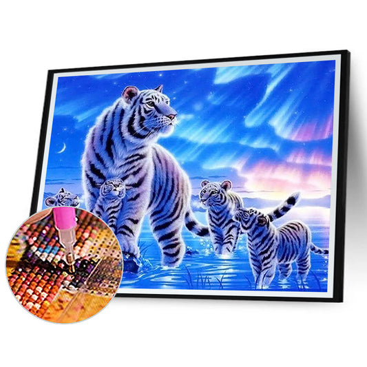 White Tiger Under The Aurora - Full Round Drill Diamond Painting 50*40CM
