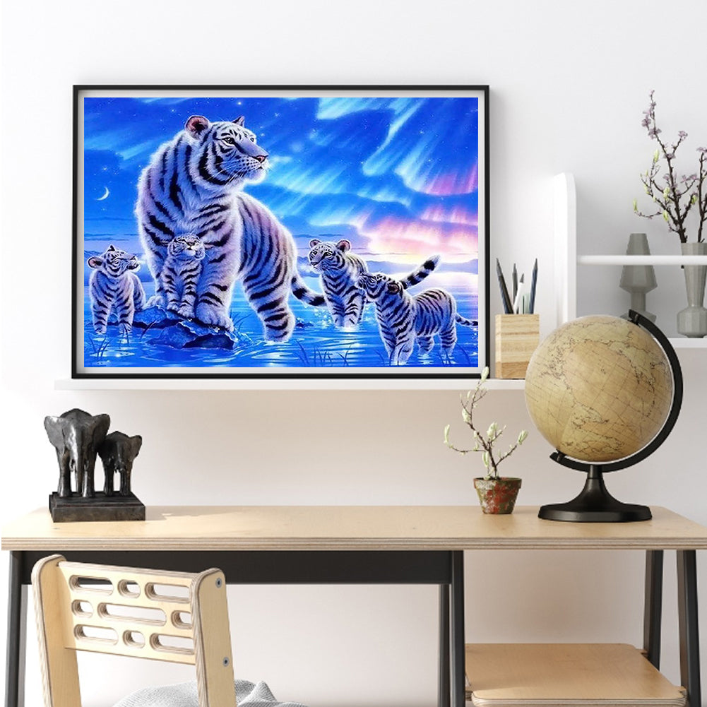White Tiger Under The Aurora - Full Round Drill Diamond Painting 50*40CM