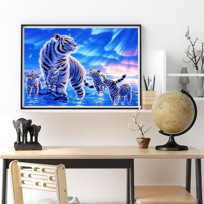 White Tiger Under The Aurora - Full Round Drill Diamond Painting 50*40CM