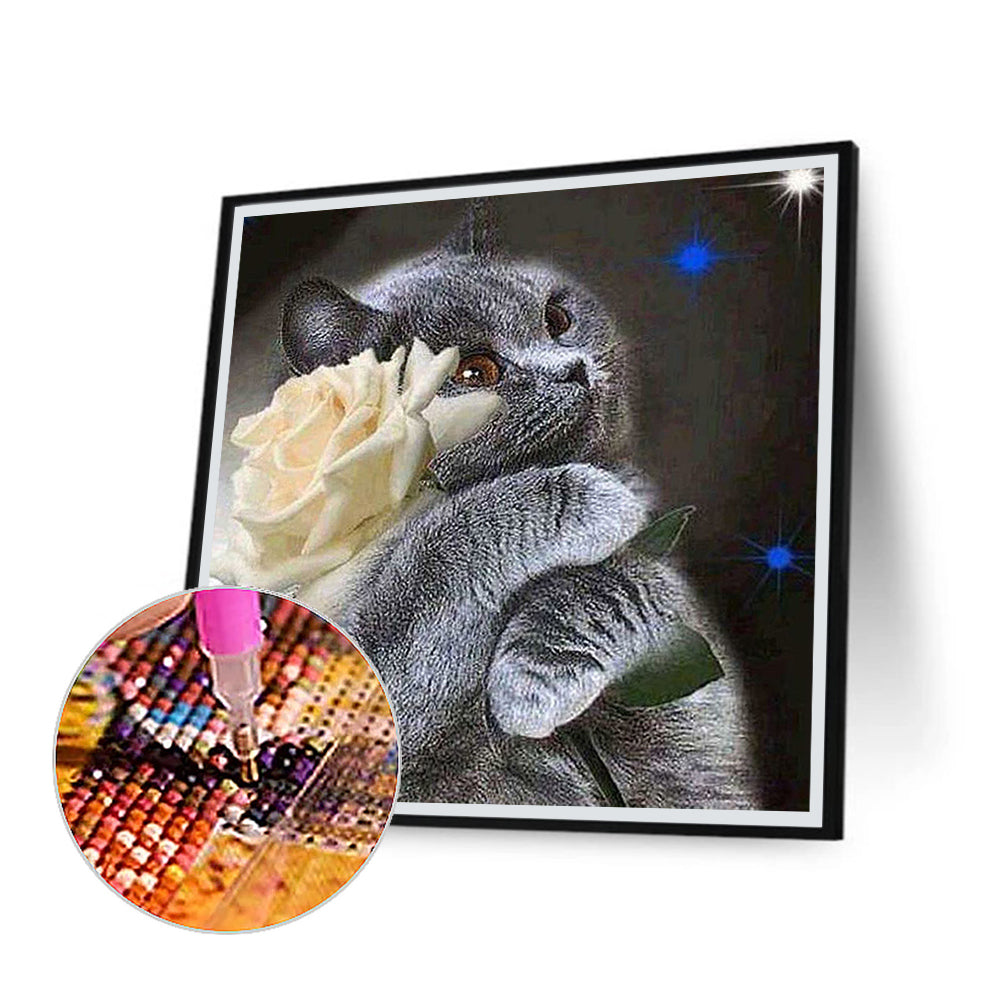 Cat With White Rose - Full Square Drill Diamond Painting 30*30CM