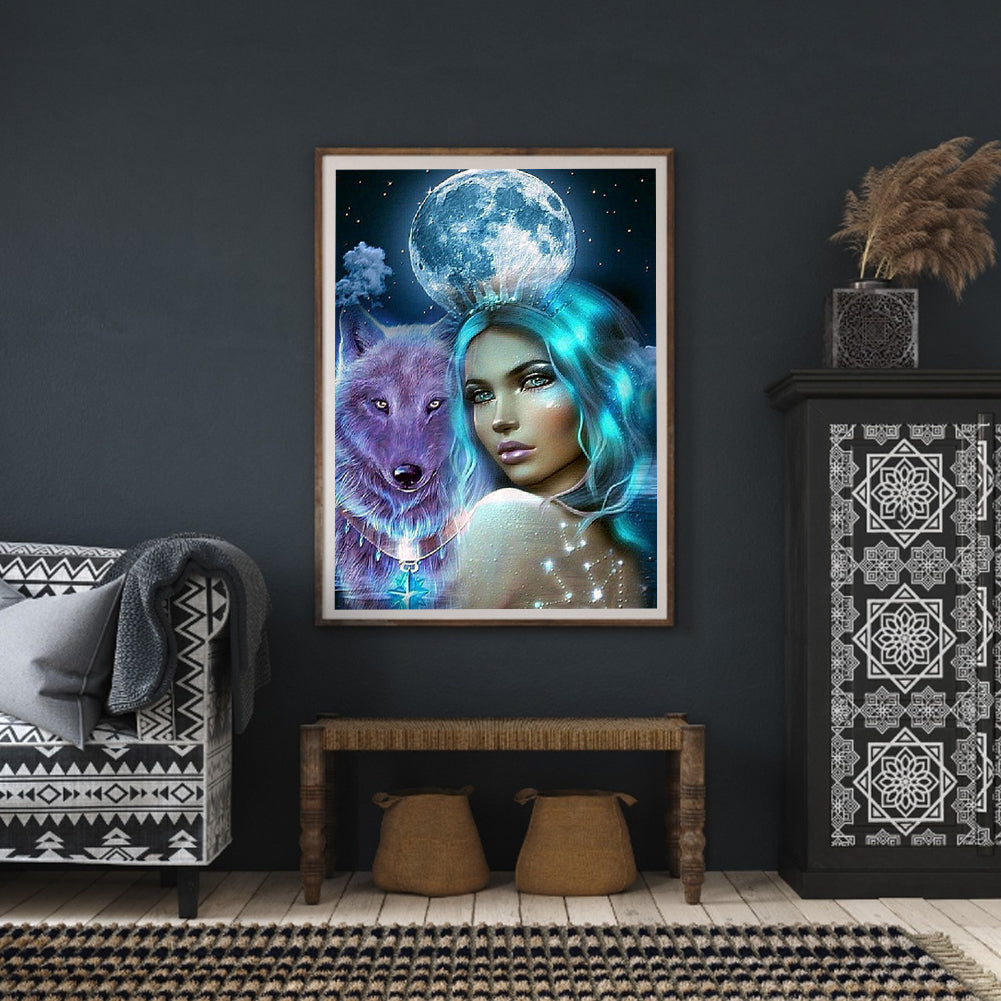 Moonlight Wolf Girl - Full Round Drill Diamond Painting 30*40CM