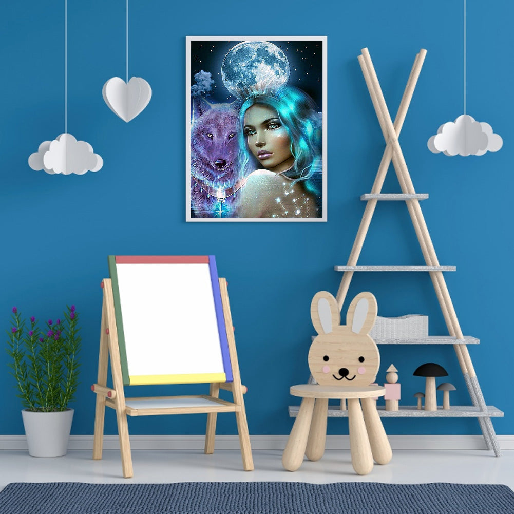 Moonlight Wolf Girl - Full Round Drill Diamond Painting 30*40CM