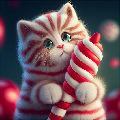 Red And White Striped Cute Kitten - Full Round Drill Diamond Painting 30*30CM