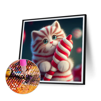 Red And White Striped Cute Kitten - Full Round Drill Diamond Painting 30*30CM
