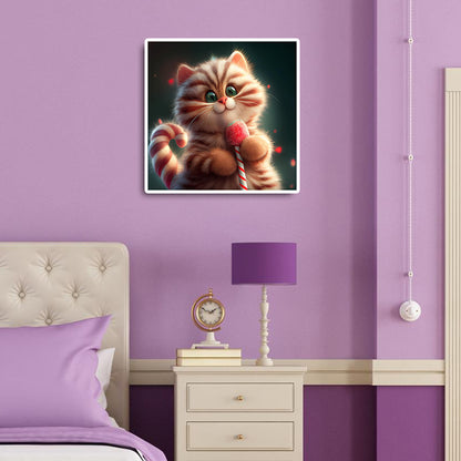 Red And White Striped Cute Kitten - Full Round Drill Diamond Painting 30*30CM