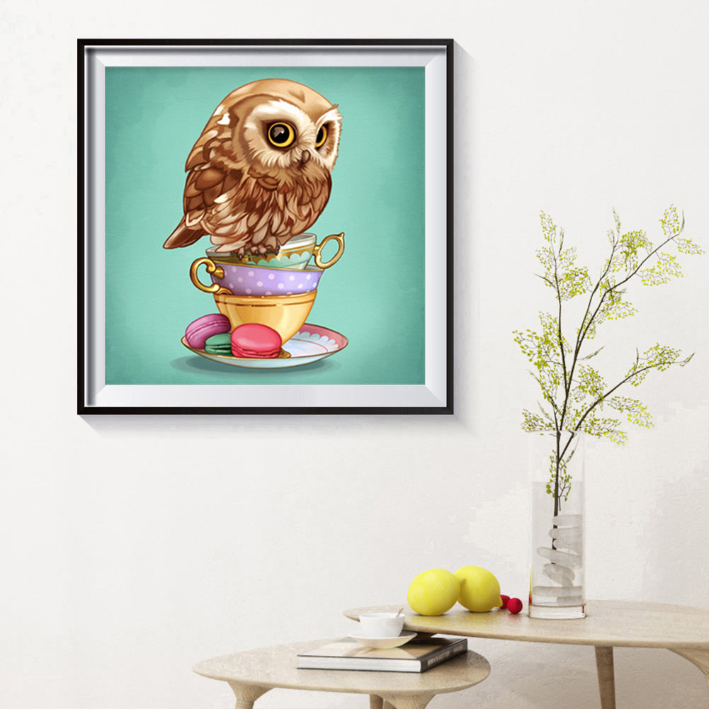 Owl On Cup - Full Round Drill Diamond Painting 30*30CM