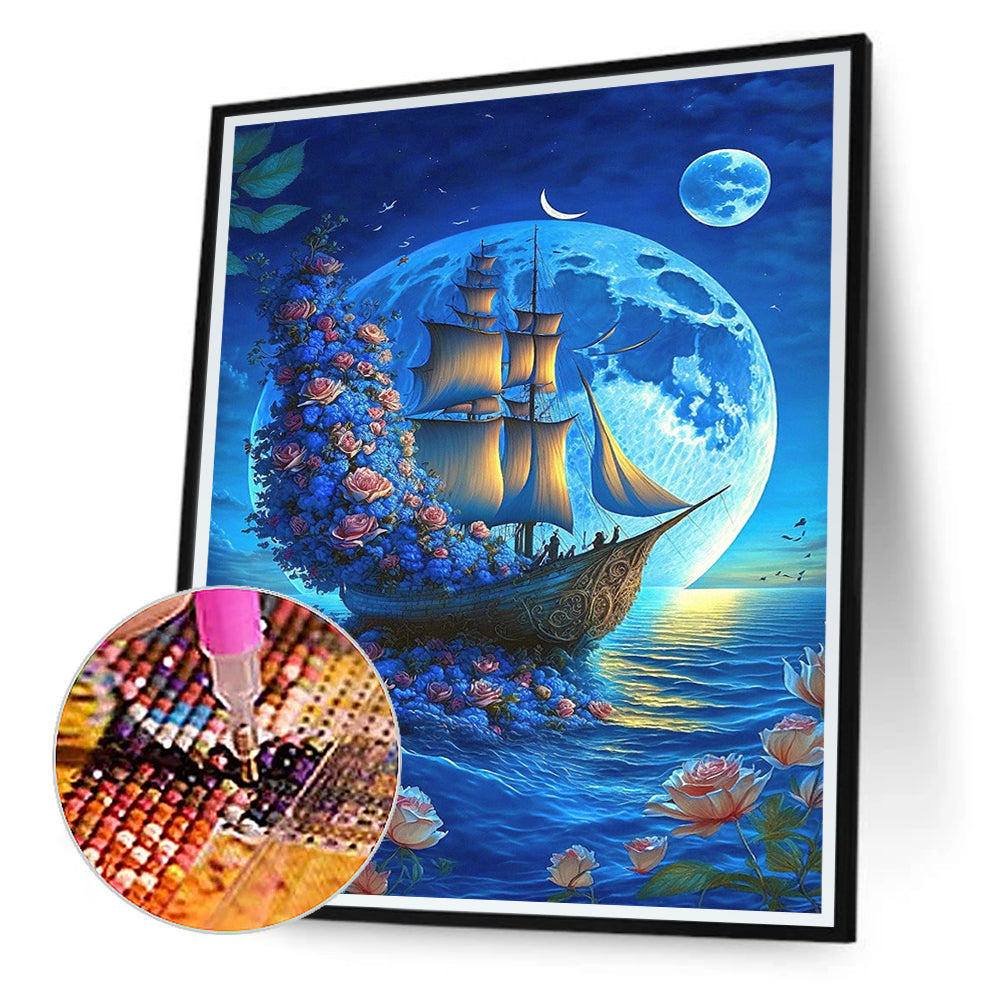 Beach Scenery Rose Sailboat - Full Round Drill Diamond Painting 30*40CM