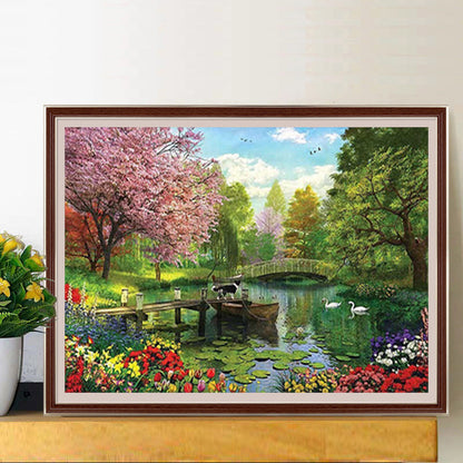 Forest Lake And Bridge - Full Square Drill Diamond Painting 60*50CM