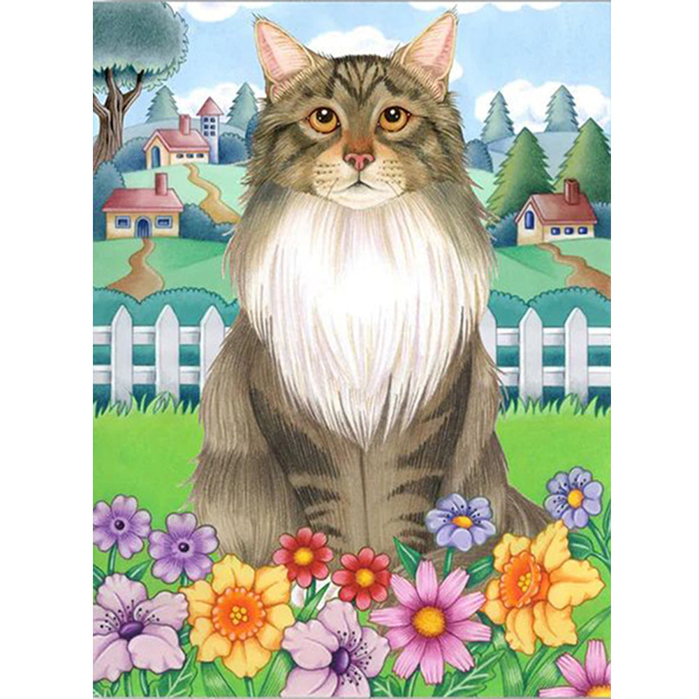 Cat In The Flowers - Full Round Drill Diamond Painting 30*40CM
