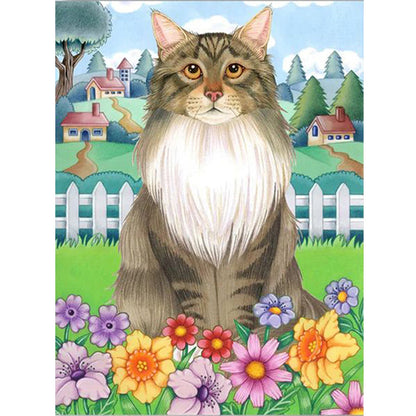 Cat In The Flowers - Full Round Drill Diamond Painting 30*40CM