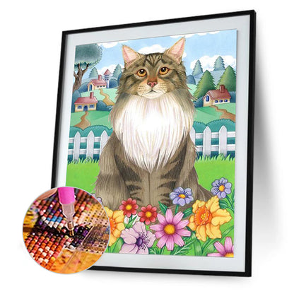 Cat In The Flowers - Full Round Drill Diamond Painting 30*40CM