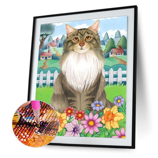 Cat In The Flowers - Full Round Drill Diamond Painting 30*40CM