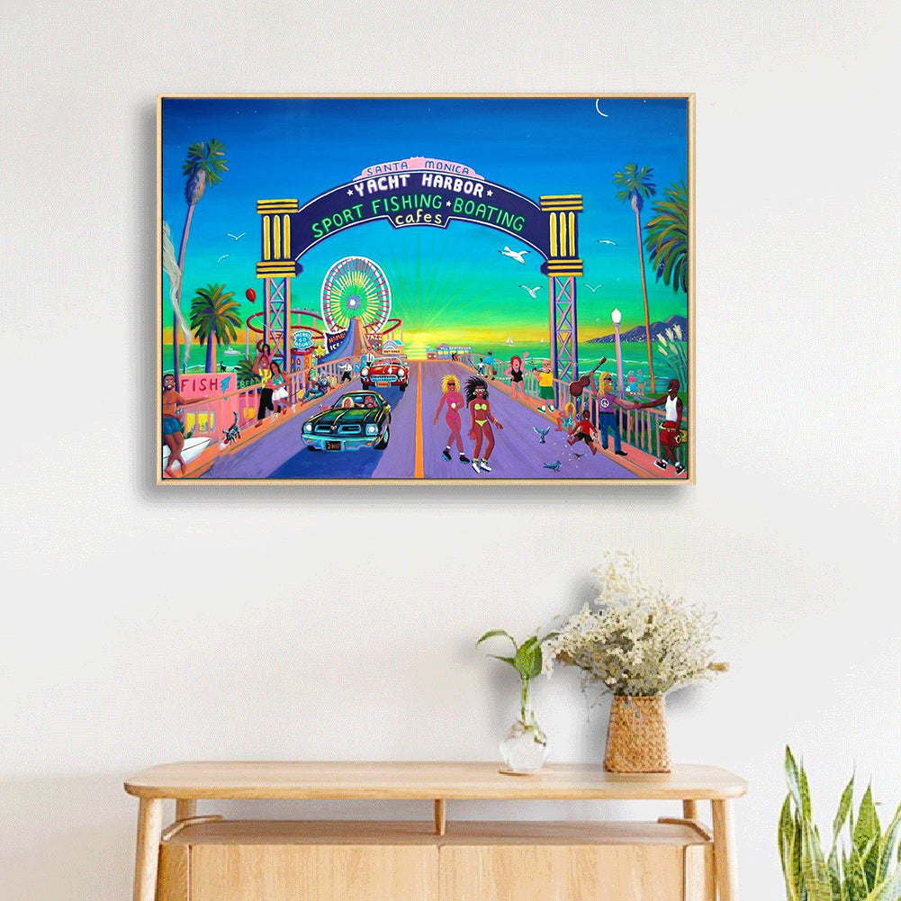 Santa Monica Pier - Yacht Harbor - Full Round Drill Diamond Painting 40*30CM