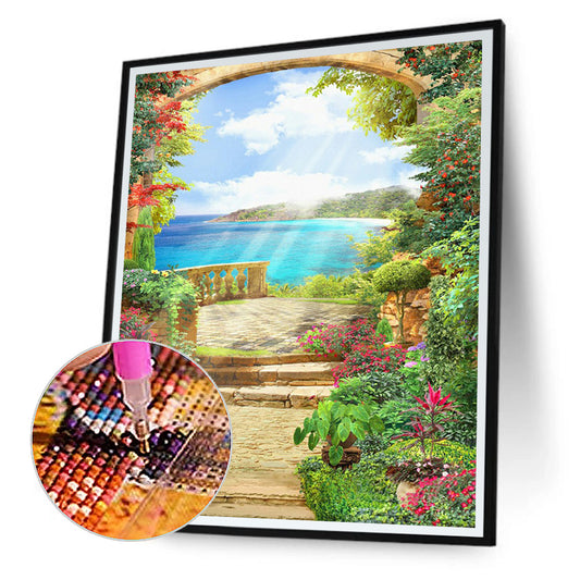 European Arch Seaside Scenery - Full Round Drill Diamond Painting 30*40CM