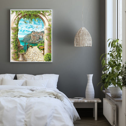 European Arch Seaside Scenery - Full Round Drill Diamond Painting 30*40CM