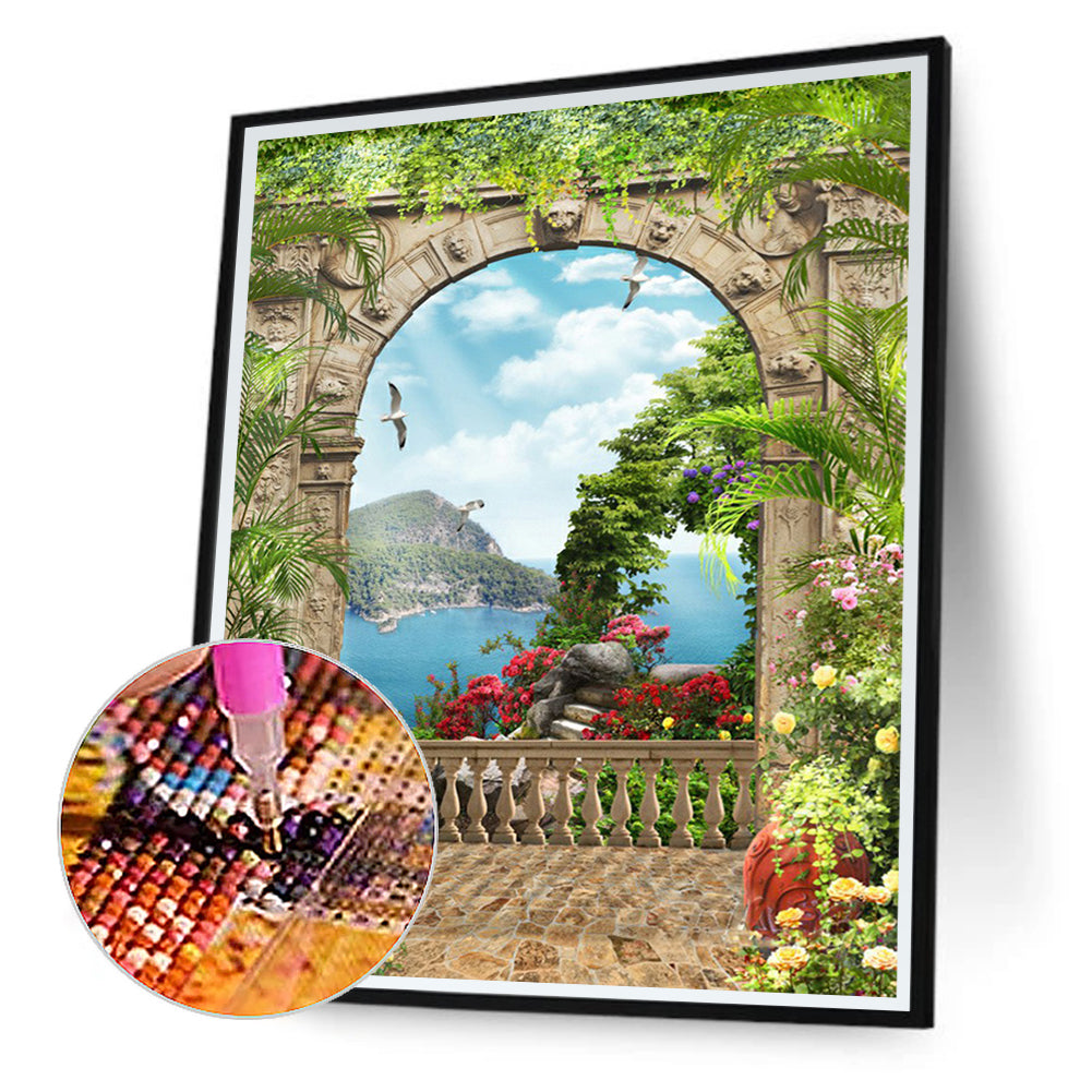 European Arch Seaside Scenery - Full Round Drill Diamond Painting 30*40CM