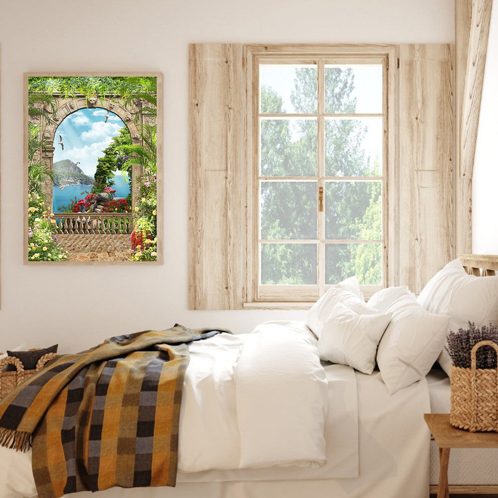 European Arch Seaside Scenery - Full Round Drill Diamond Painting 30*40CM