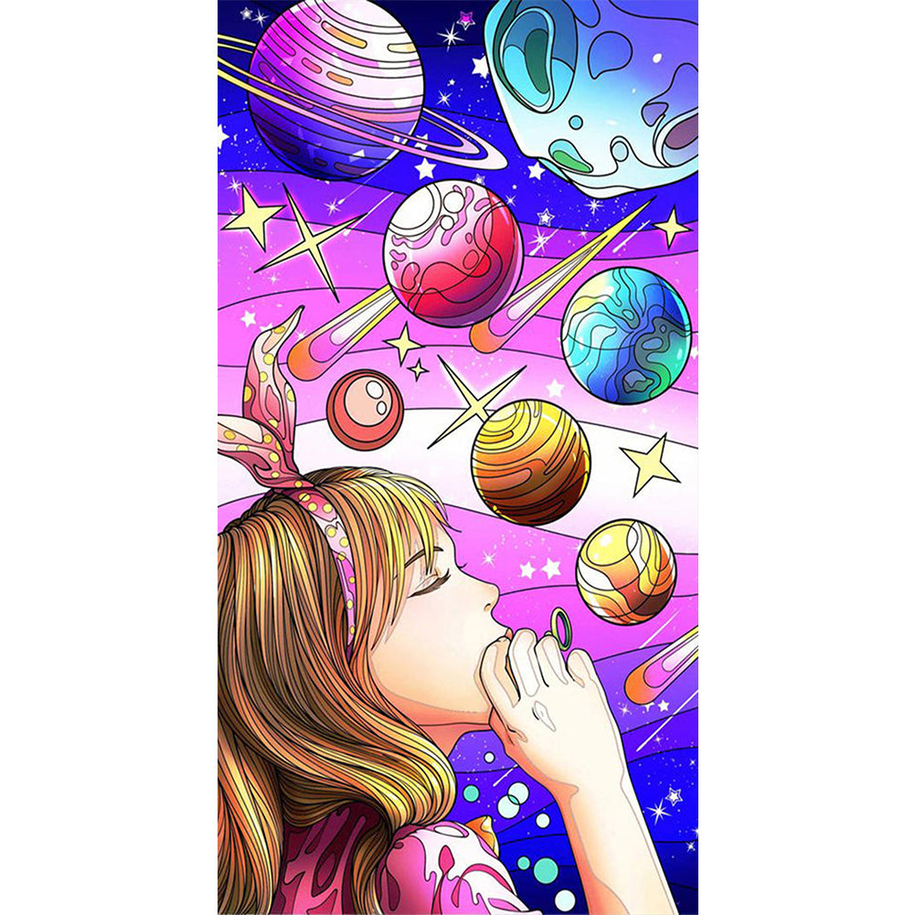 Illustration Blowing Bubbles Girl - Full Round Drill Diamond Painting 30*70CM