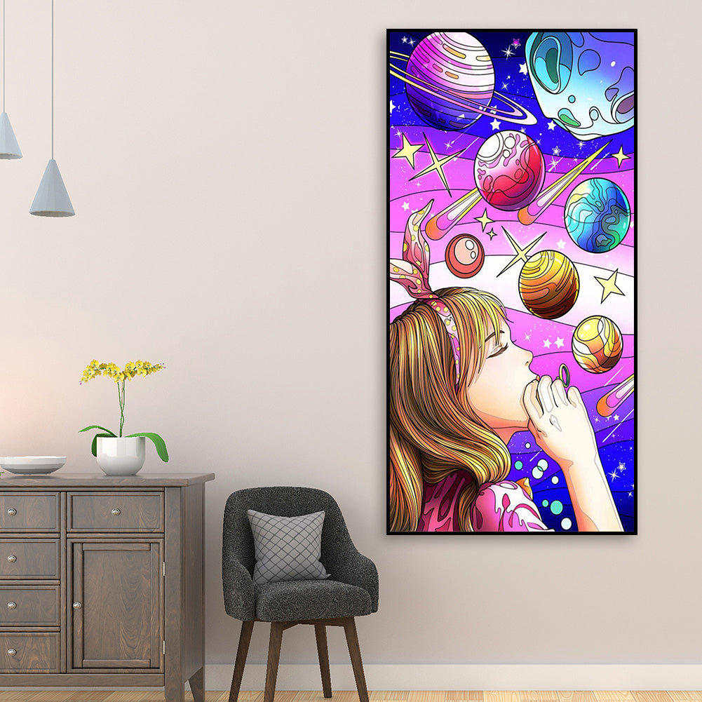 Illustration Blowing Bubbles Girl - Full Round Drill Diamond Painting 30*70CM