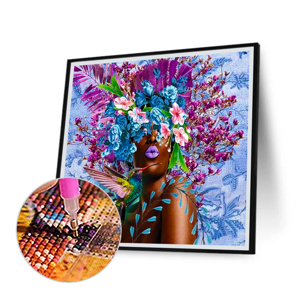 Black Woman With Flower - Full Round Drill Diamond Painting 40*40CM
